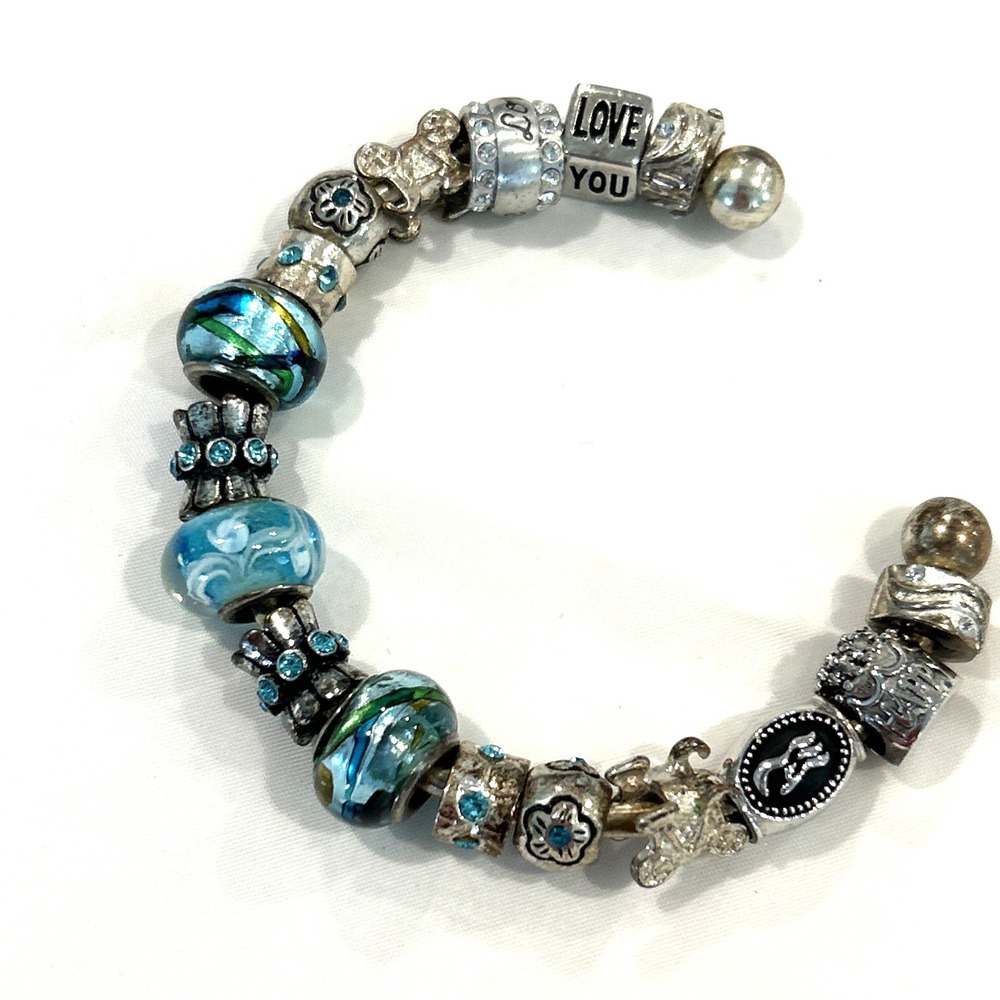 Silver‎ Tone Charm Bracelet Blue Art Glass Cuff Rhinestones Love